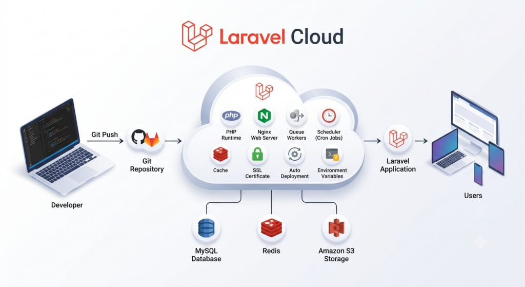 Laravel Cloud architecture showing deployment workflow from developer to Git repository, Laravel Cloud platform, managed services, database, storage, and end users.