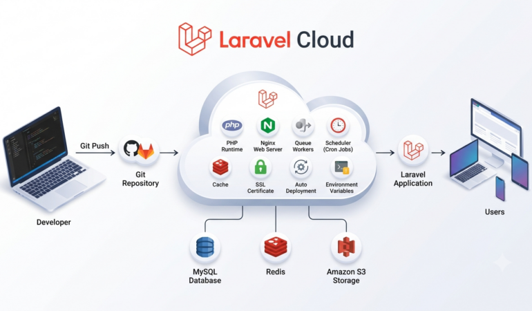 Laravel Cloud architecture showing deployment workflow from developer to Git repository, Laravel Cloud platform, managed services, database, storage, and end users.