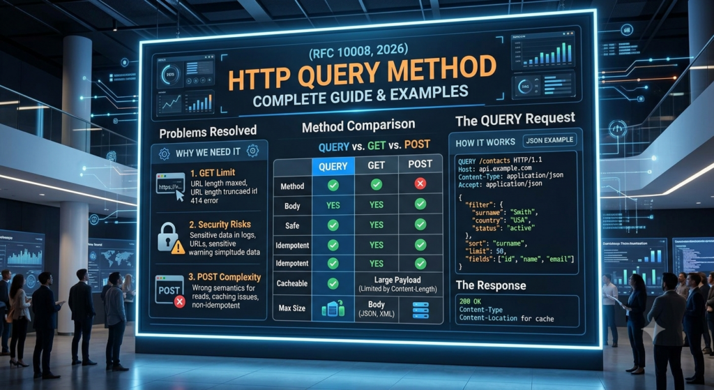 Illustration of the new HTTP QUERY method showing API request flow, JSON request body, server communication, and comparison with traditional HTTP methods like GET and POST.