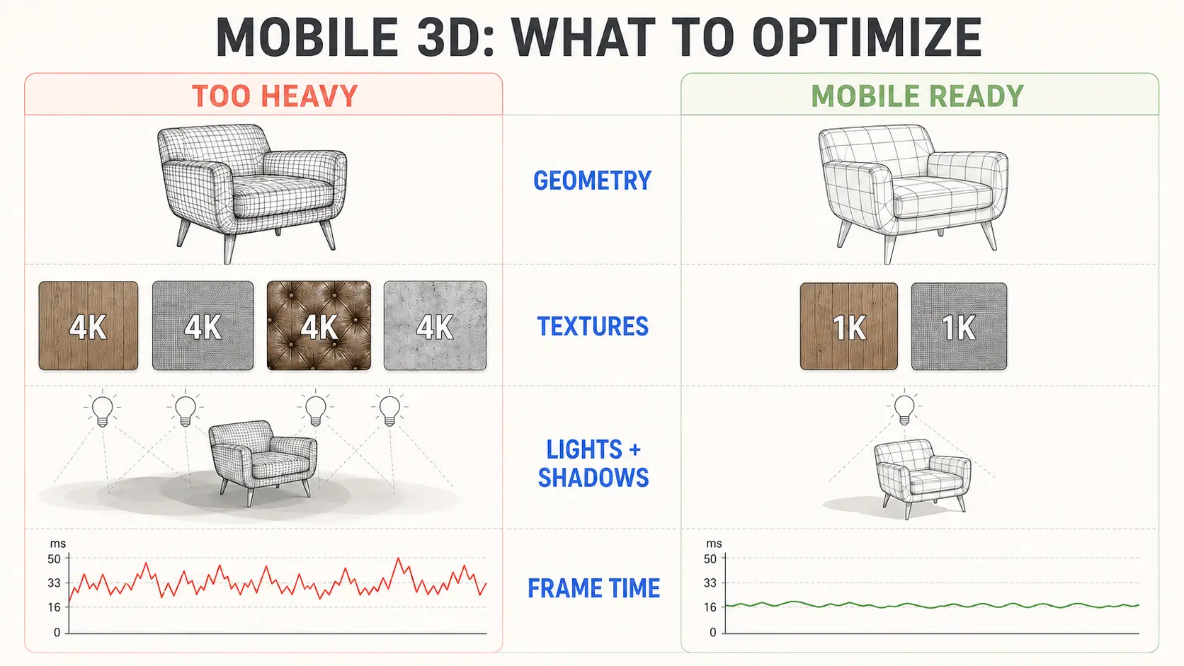 Mobile 3D optimization covering geometry textures lighting and frame time
